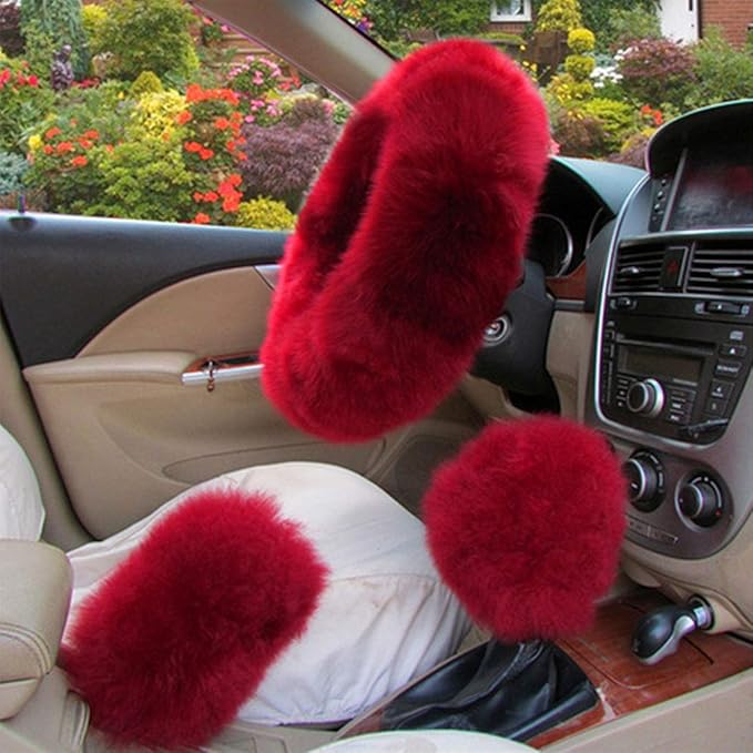 1 Set 3 Pcs Car Steering Wheel Cover & Handbrake Cover & Gear Shift Cover Set Faux Wool Warm Winter (Wine Red-3pcs)
