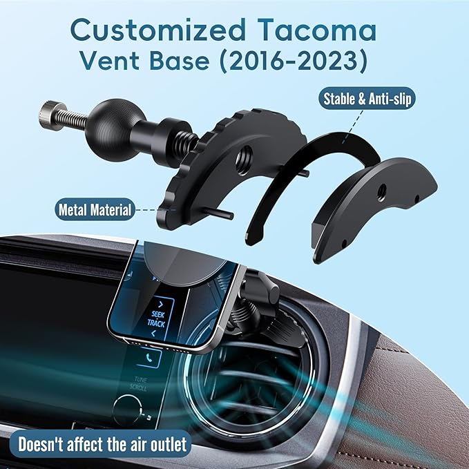 Upgraded Vent Magnetic Phone Mount for Tacoma 2016 -2023 and 2014-2021 Toyota Tundra, 3rd Gen Tacoma Cell Phone Cradles with Full Metal Arm 20x Super Strong Magnet Phone Holder Fit for All Smartphone