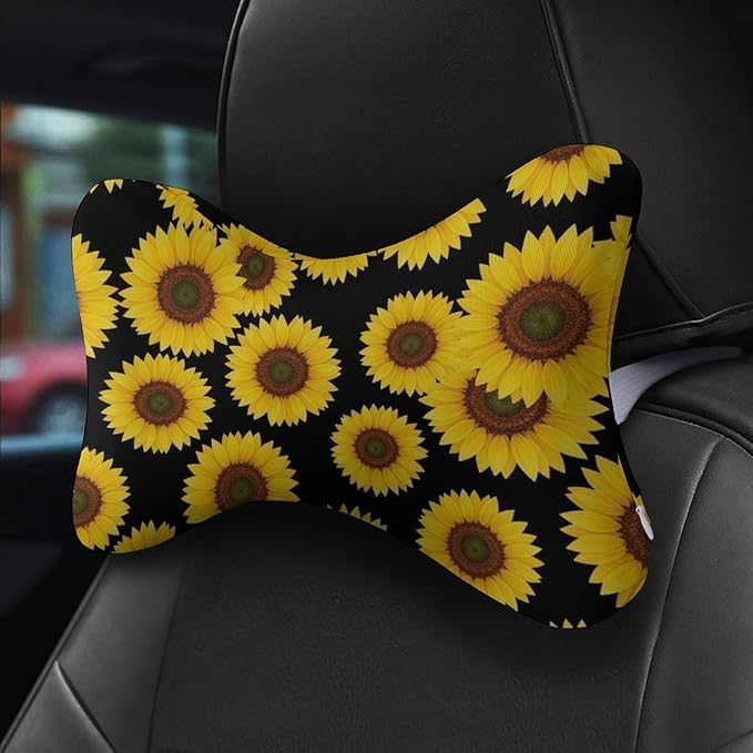 2 Pack Car Neck Pillow Compatible with Floral Black Yellow Flowers Sunflower, Softness Car Headrest Pillow for Driving with Adjustable Strap, Memory Foam and Breathable Removable Cover