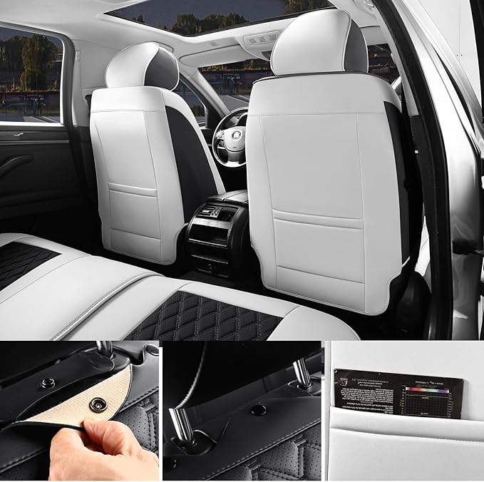 Car Seat Covers Front Seats, Luxury Leather Waterproof Non-Slip Seat Protector Universal Fit for Most Cars SUVs Trucks Pick-ups,White and Black Car Accessories Interior(Front White)