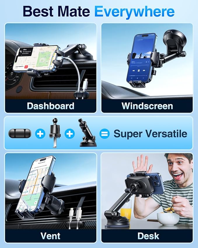 YRU True Military-Grade [360° Rotation Suction] 2026 Ultimate Car Phone Holder Mount 【90+LBS Safest Strongest & Patent Certs】 Dashboard Windshield Vent for iPhone 17 16 Pro Max Samsung, Light Gray