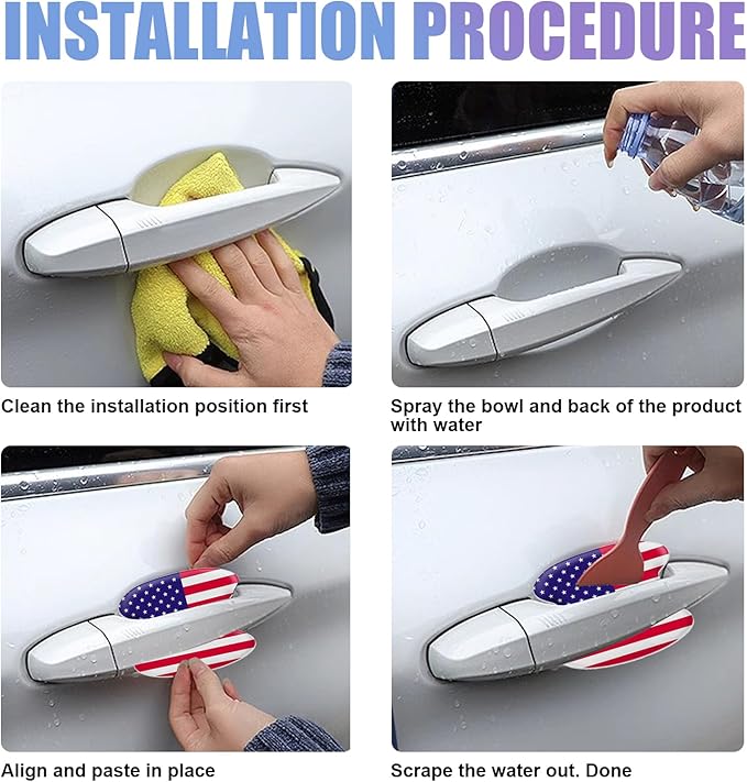 4 PCS Car Door Handle Protector, 3.7" x 3.3" American Flag Car Door Handle Anti-Scratch Sticker, Door Side Paint Protection Waterproof Anti-Shedding Decals, Universal for Automotive (Black)