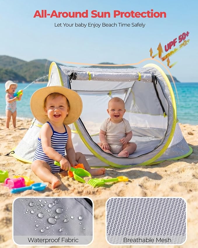 Poray Portable Baby Beach Tent with UPF 50+ Sun Shelter,Mosquito Net and Sunshade, Ideal Pop Up Kids Travel Tent with Carry Bag & 2 Stakes,Outdoor Indoor Play and Sun Protection