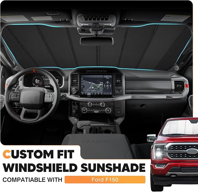 KUST Windshield Sun Shade for Ford F150 2021-2025 2026 Foldable Thicken Window Sunshade UV Protection Keep Cool Sunshield Easy Install Sun Visor Accessories Aluminum Film