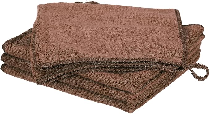 HARFINGTON 4 Pack Microfiber Cleaning Cloth, 14" x 14" Multi-Functional Cleaning Towels Reusable Absorbent Rags with Hook for Car Wash Kitchen Household Window Clean, Brown
