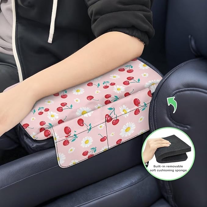 Dreaweet Car Console Covers with Pockets Pink Arm Rest Cover for Car Women Thick Car Armrest Cushion Pad Cute White Daisy Cherry Print Car Accessories for Women