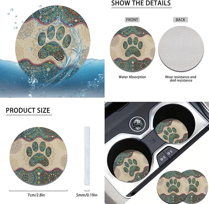 Dog Claw Car Steering Wheel Covers Set Bohemian Print Car Interior Accessories Cup Holder,Handbrake Gear Cover for Vans Truck SUV