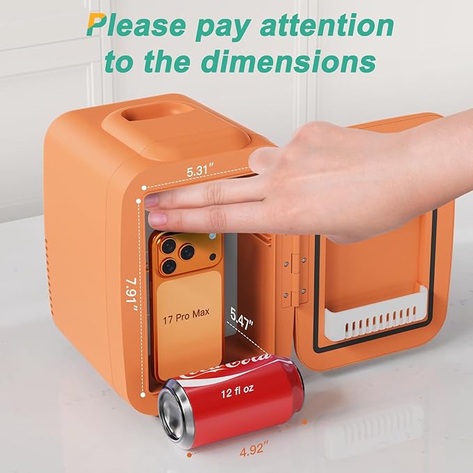 CROWNFUL Mini Fridge, 4 Liter/6 Can Portable Cooler and Warmer Personal Refrigerator for Skin Care, Cosmetics, Beverage, Food,Great for Bedroom, Office, Car, Dorm(Orange)