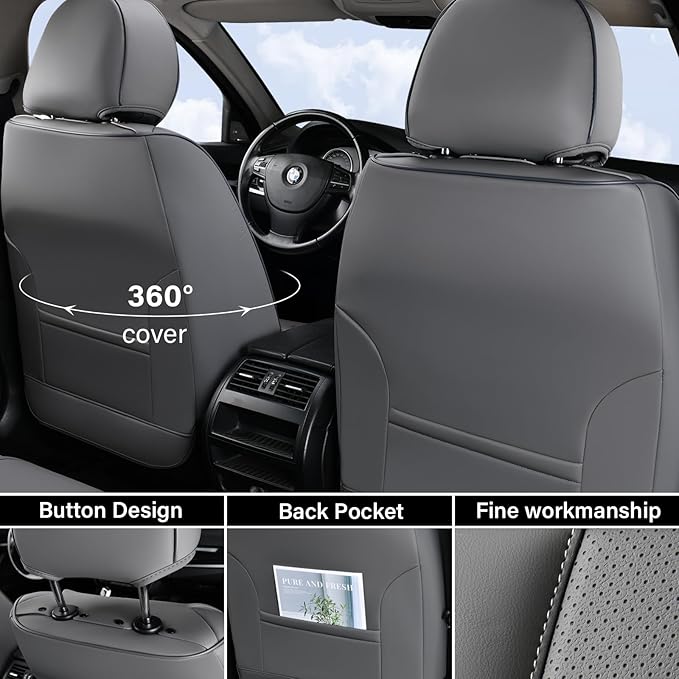 Coverado Car Seat Covers, Front Seat Cover, 2 Pack Waterproof Nappa Leather Seat Covers for Cars, Car Seat Protectors, Driver Seat Cover, Automotive Seat Covers Universal Fit for Most Cars, Gray