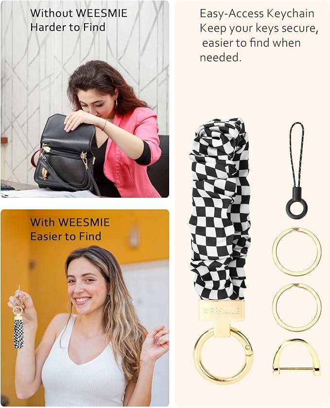 WEESMILE Keychain Wristlet, Stretchy Key Chain for Car Keys with D ring, Cute Scrunchie Wrist Bracelet for Women Men