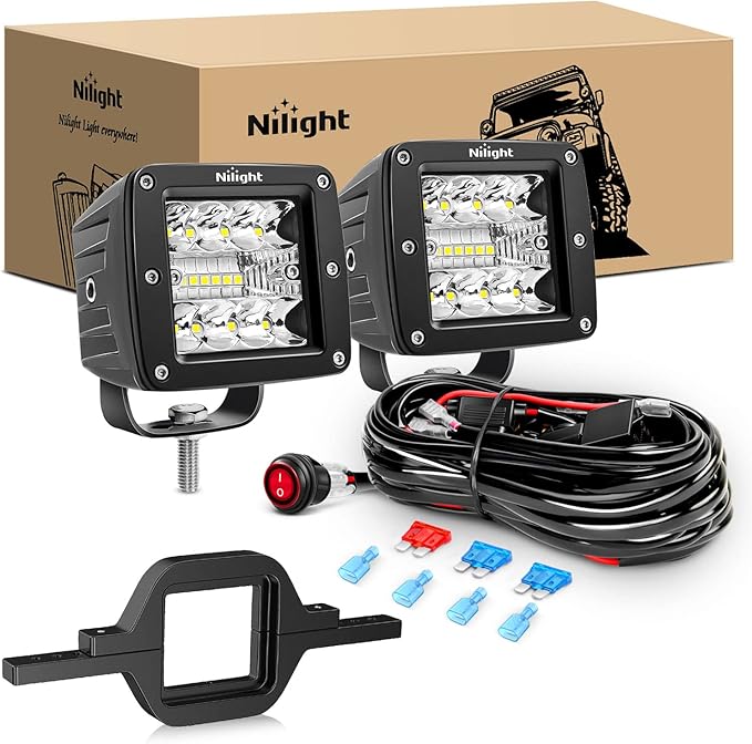Nilight 2Pcs 3 Inch Led Pods Cubes 2 Inch Tow Hitch Mounting Brackets LED Backup Reverse Lights Rear Search Light Bar Wiring Harness Kit -2 Leads for SUV Truck Trailer