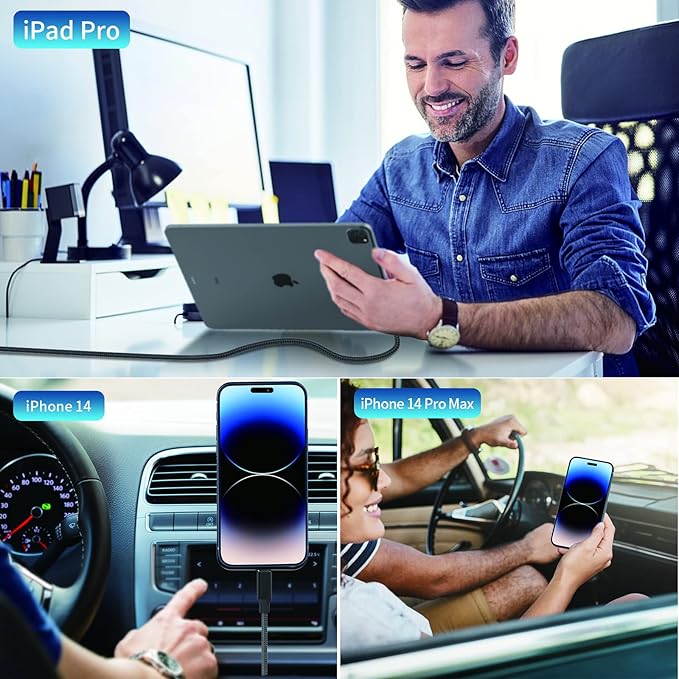 【MFi Certified】iPhone Car Charger Fast Charging, Linocell 60W Dual USB C Car Power Cigarette Lighter Car Carplay Charger with 2Pack Type C to Lightning Braided Cable for iPhone 14 13 12 11 Pro XS iPad