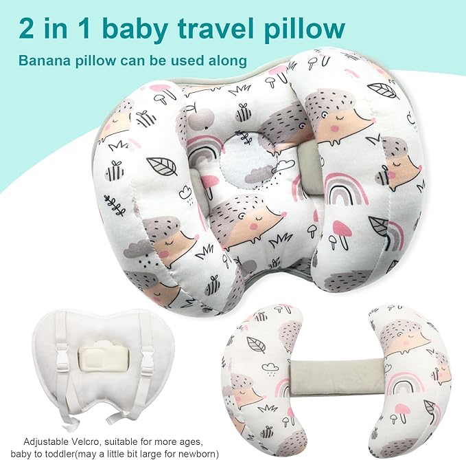 KAKIBLIN Baby Support Pillow, Head and Neck Support, 2 in 1 Banana Neck Pillow for Baby Newborn, Adjustable Stroller Head Pillows for Kids (Hedgehog)