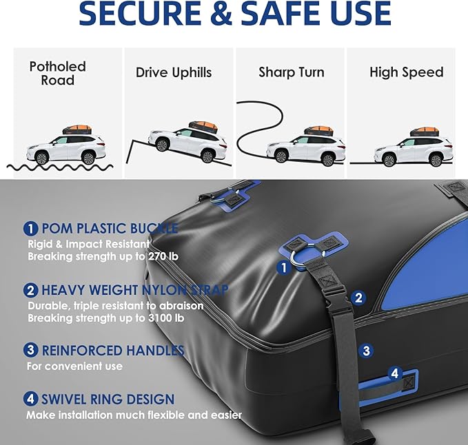 Asinking Car Rooftop Cargo Carrier Bag 20 Cubic Feet, 100% Waterproof Roof Bag Top Luggage Carrier for Any Vehicles with/without Rack Cross Bar, Includes Anti-Slip Mat +4 Door Hooks +Storage Bag +Lock