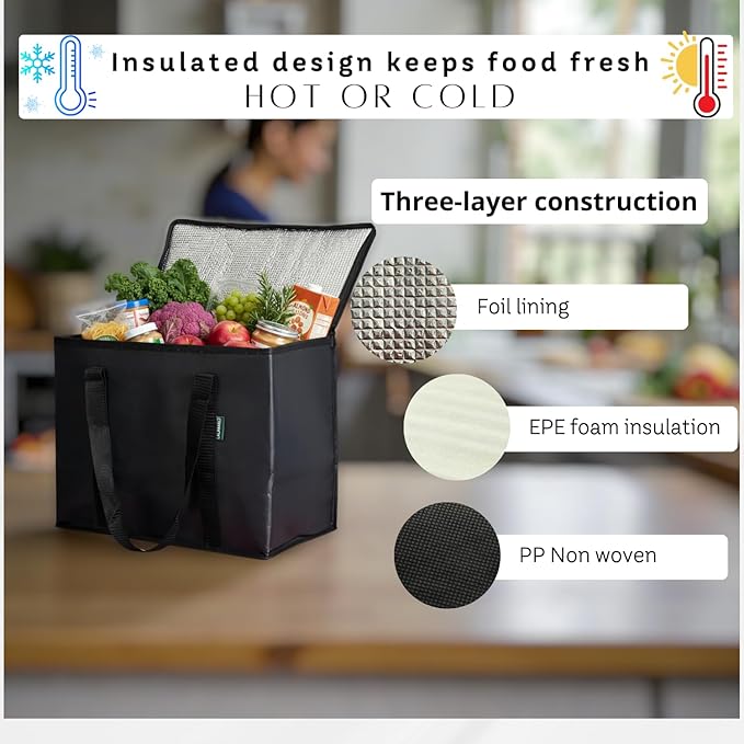 2-Pack Insulated Reusable Grocery Bags – Large Cooler Tote for Cold & Hot Food, Stays Upright, Durable, Foldable for Travel and Delivery