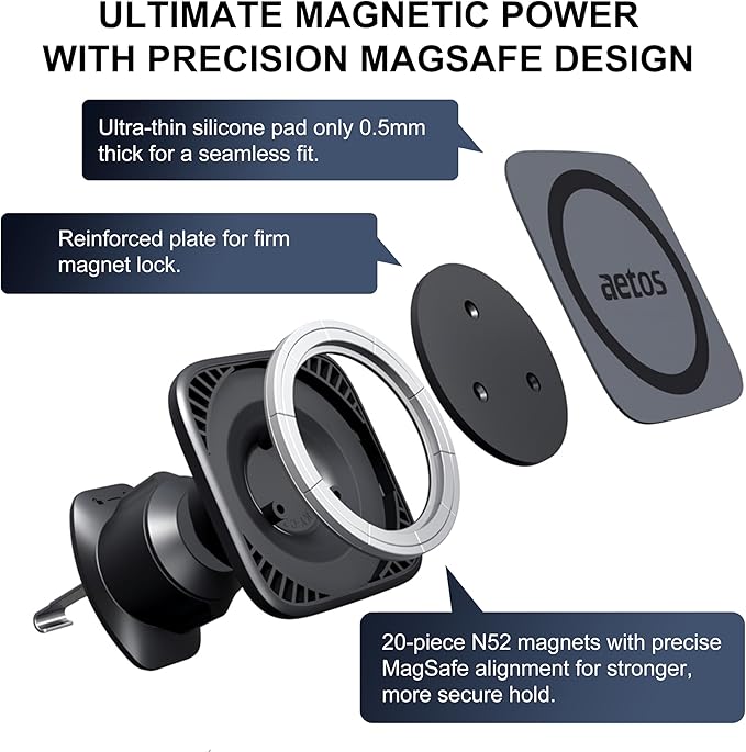 aetos for MagSafe Car Mount. Elegant Magnetic Air Vent Phone Holder with 20 Strong N52 Magnets & Metal Hook. Classic Minimalist Design for iPhone 17 16 15 14 13 12 Pro Max & MagSafe Cases