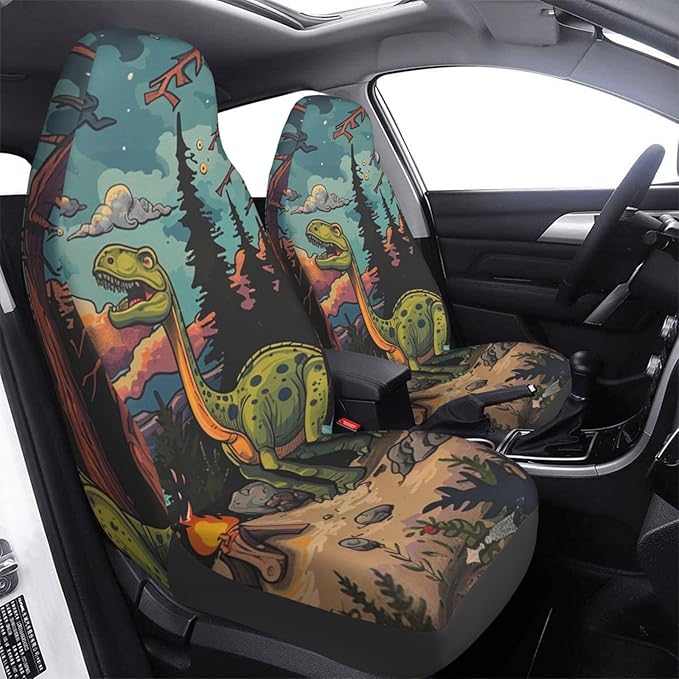 Delerain Car Seat Covers Set 2Pcs, Dinosaur Happy Camping Universal Front Car Seats Vehicle Enterior Protector Suitable Fits Most Car Auto SUV Sedan Truck