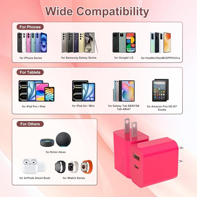 Aolcev for iPhone Charger Fast Charging 2 in 1 USB A USB C Charger Block 30W Cute Type C Fast Charging Blocks for iPhone 17 16 15 14 13 for iPad USB C Charging Adapter for Galaxy S26 S25 S24 Rose Pink