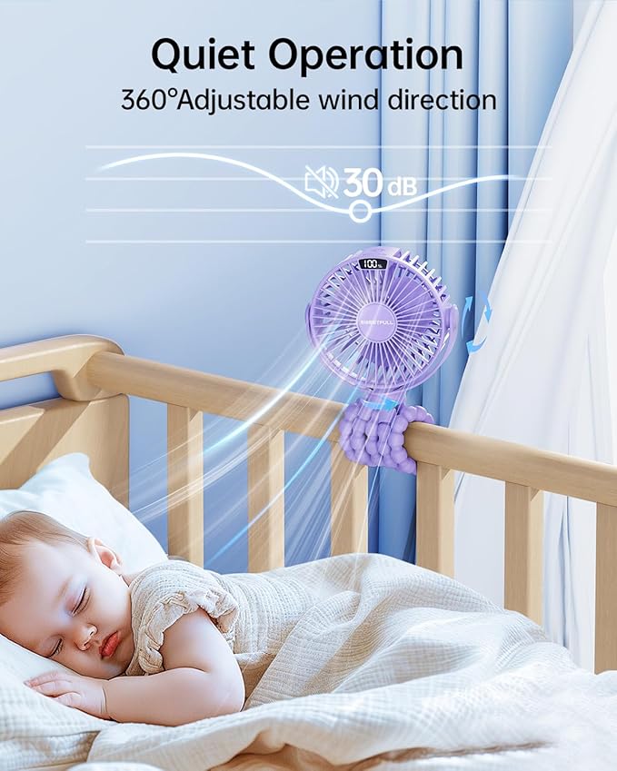 SWEETFULL Portable Stroller Fan with LED Display, 4 Speed Rechargeable Mini Clip On Fan, 360° Rotate Flexible Tripod Better Cooling Small Baby Fan for Car Seat Crib Travel Bike Treadmill (Purple)