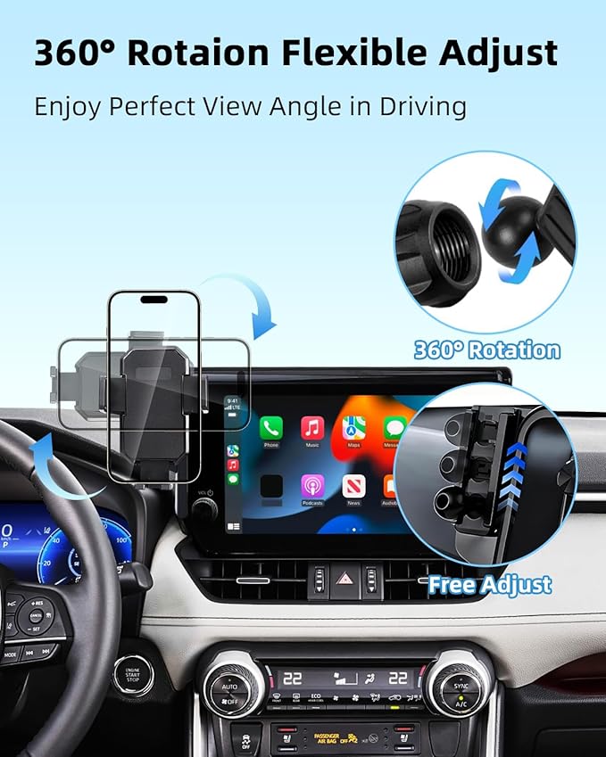 PZK Car Phone Mount for Toyota RAV4 2019-2025 Hybrid LE/XLE/Premium Accessories 7/8-Inch Screen 360° Rotation Smart Phone Cradles Auto Lock Cell Phone Holder Not Affect Air Vent (Not Fit 9/10.5 inch)