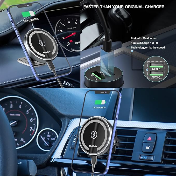 MAGJIEYX for Magsafe Car Mount Charger for Magnetic Wireless Charging for iPhone12/13/14/15/16Pro,Pro Max,Plus,Mini,Vent&Dashboard Strong Magnets Phone Holder with Fast 36W QC 3.0 Adapter(Dark Black)