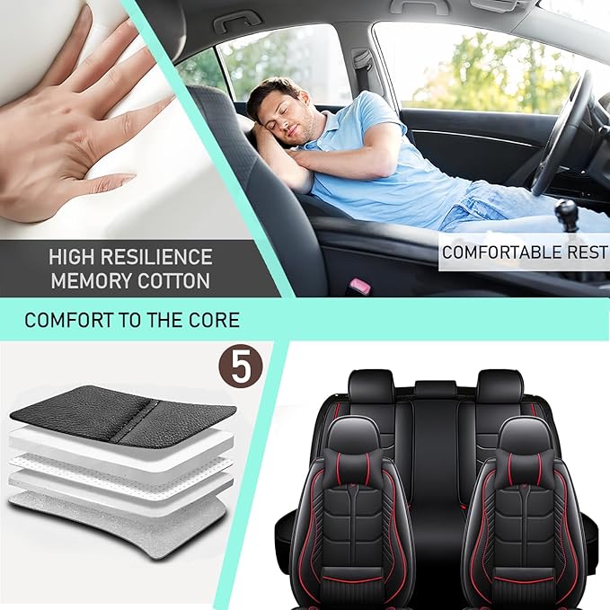 Leather Car Seat Covers Fit for Toyota Mirai 2016-2024, 5 Seater Car Seat Cover, Premium Waterproof, Scratch Resistant Car Interior Accessories (Full Set with Pillow Black Red)