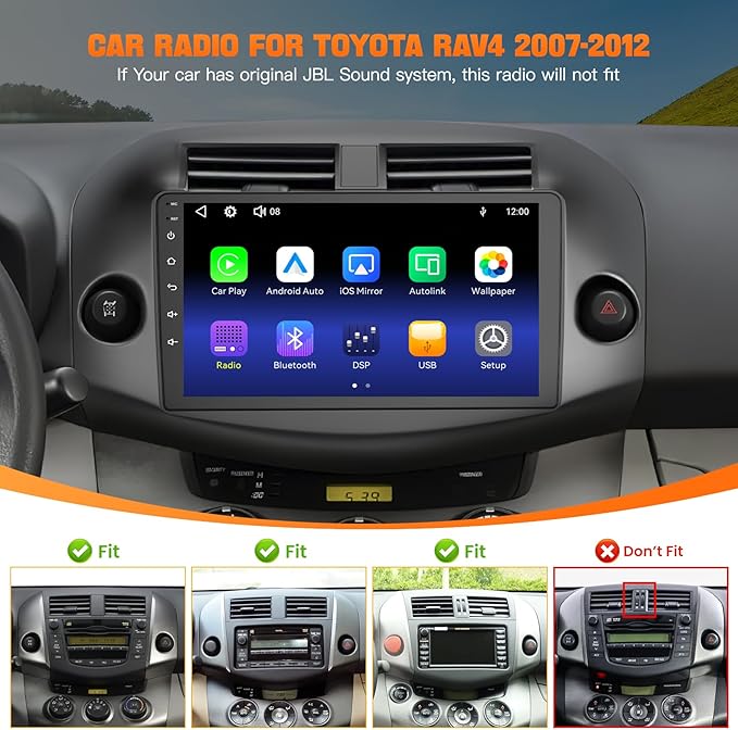 Car Radio Stereo for Toyota RAV4 2007-2012 Without JBL Sound System, Support Wireless Carplay/Android Auto/Mirrorlink, 10 Inch QLED Touchscreen with Bluetooth,FM Radio