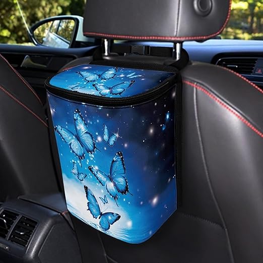 BIGCARJOB Blue Butterflies Car Trash Bin for Back Seat Car Interior Accessories Waste Basket Storage for Vehicle Truck,Women Girls Travel Camping Picnic Lage Trash Can Garbage Bin