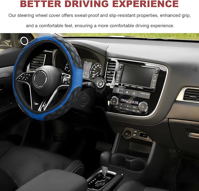 Car Steering Wheel Cover, 15 Inch Elastic Comfortable Auto Steering Wheel Protector, Anti-Slip Leather Wheel Cover Fashionable Interior Accessories for Most Cars Trucks SUVs (Blue)