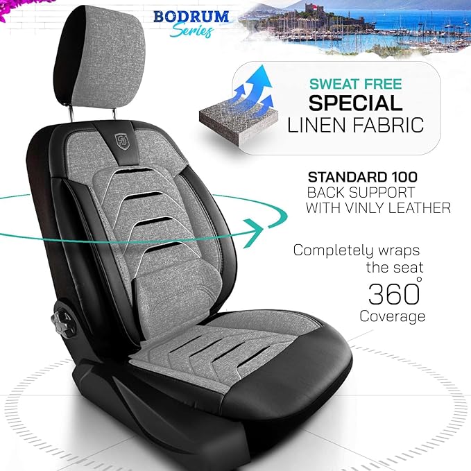 Premium Car Seat Covers Front Seat - Linen Car Seat Cover for SUV, Cars, Most Pickups, Grey-Black, Car Seat Protector, Car Seat Covers Front Seats, Car Seat Protector
