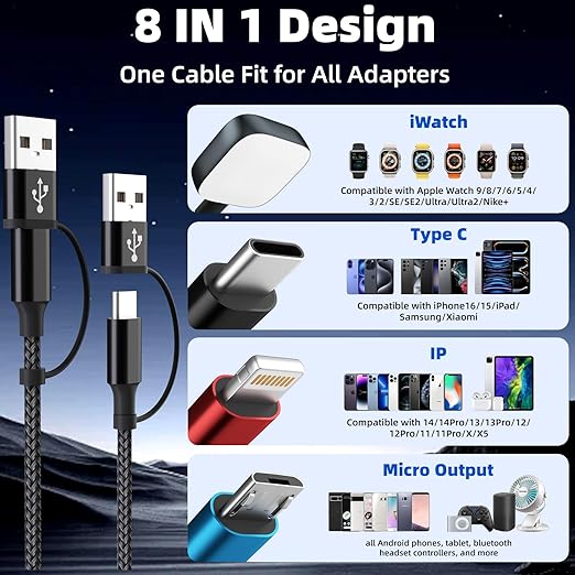 Cruise Essentials 4 in 2 Charging Cable for iPhone Watch Charger/iPhone 17/IP/Micro, Travel Multi Charging Cable Cord Compatible for iWatch Ultra/SE/10-1, iPhone16-6, Android, Car Accessories