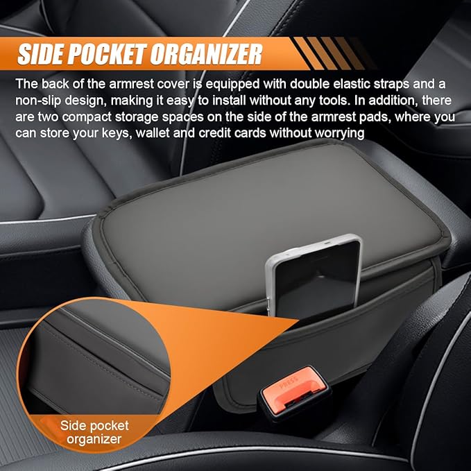 Car Center Console Cover, Leather Waterproof Auto Arm Rest Pad with Storage Bag, Scratch Resistant Middle Console Protector, Comfortable Vehicle Interior Accessories for Sedan SUV (Grey)
