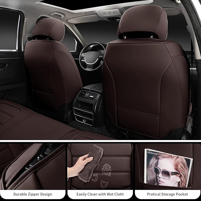 Brown Car Seat Covers Full Set, Universal Faux Leather Seat Covers for Cars 5 Seats, Waterproof Leather Car Seat Covers, Comfortable Automotive Seat Covers for Most Sedans Trucks SUVs