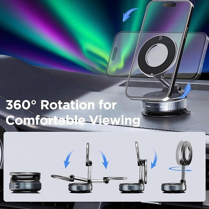 Upgraded Magnetic Phone Holder for Car, 360° Adjustable Vacuum MagSafe Car Mount, Reinforced 98 LBS Ultra Suction Cup Foldable Bracket, Works with iPhone, Android and All Smartphones