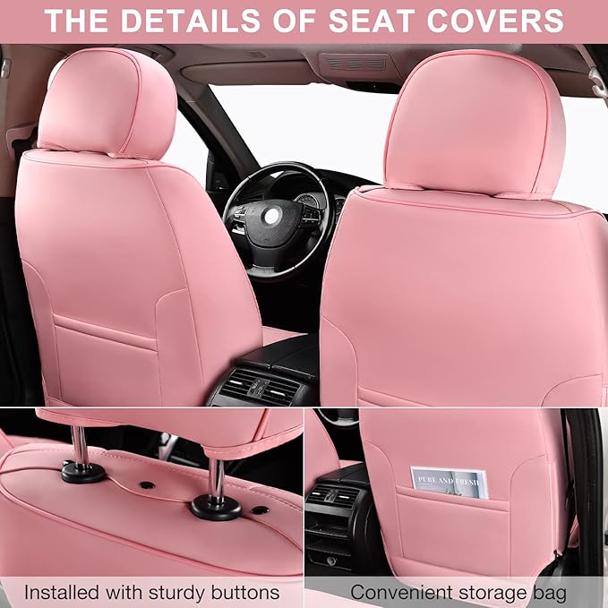 Pink Car Seat Covers Front Pair, Breathable Leather Automotive Front Seat Covers & Headrest for Comfortable Driving, Universal Auto Interior Fit for Most Kinds of Vehicles