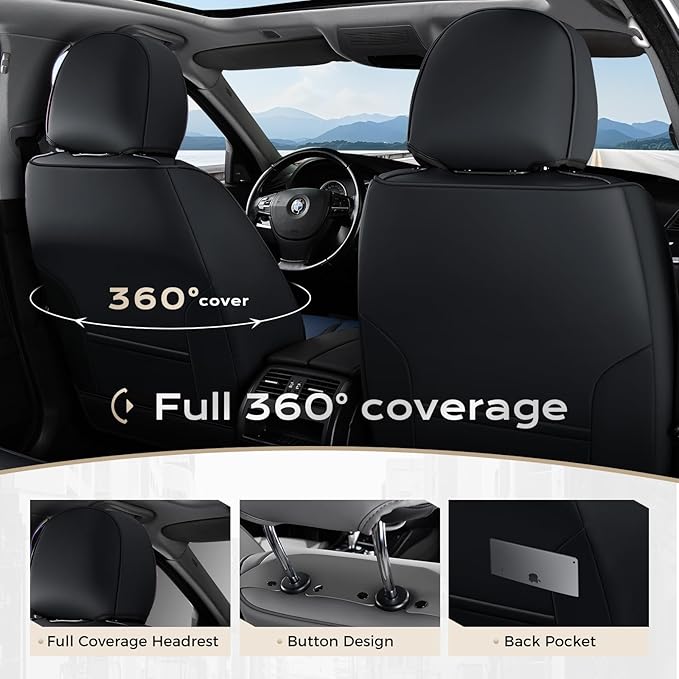Coverado Car Seat Covers Full Set, Nappa Leather Seat Covers for Cars, Car Seat Protector Car Seat Cushion, Front and Back Seat Protectors Cushions Universal Fit for Most Cars Vehicles(Black&Blue)