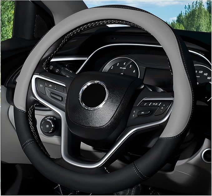 Leather Steering Wheel Cover, 15 Inch Soft Breathable Car Wheel Cover with Anti-Slip Lining, Universal Comfortable Steering Wheel Protector for Most Cars Trucks SUVs (Gray)