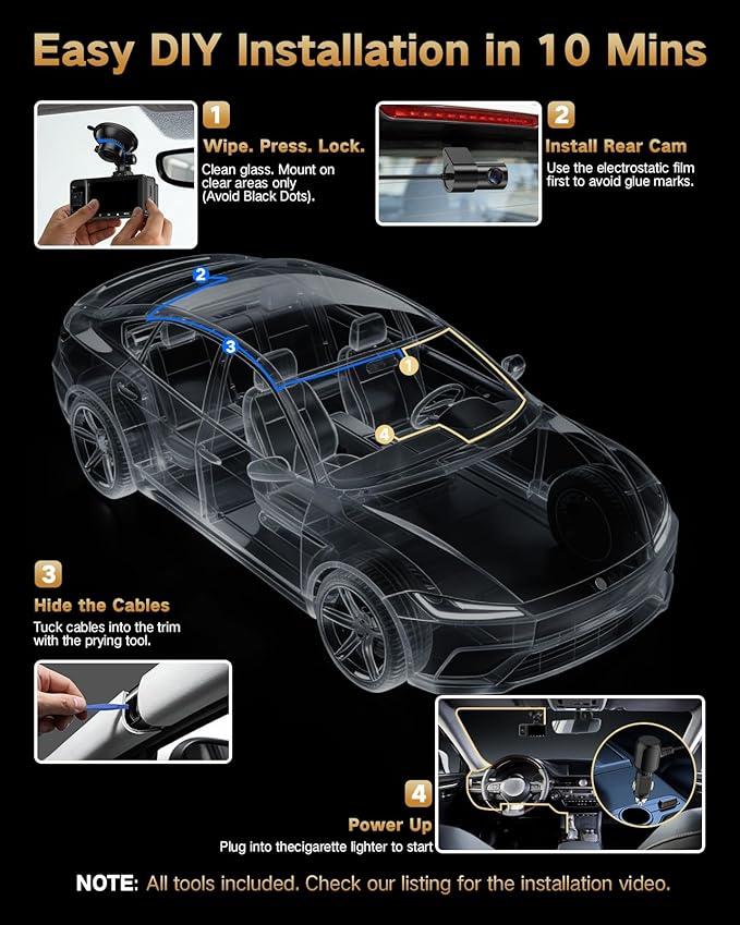 4K Dash Cam Front and Rear Inside, 3-Channel Cars Camera Dash with 170° Wide Angle, Free 64GB SD Card, 5.8GHz WiFi, Night Vision, G-Sensor, Loop Recording, Parking Monitor, USB C, Max 256GB