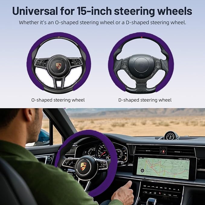 Suede Steering Wheel Cover, Universal 15 Inch Car Steering Wheel Cover, Non-Slip Design,Breathable,Car Interior Accessories Purple