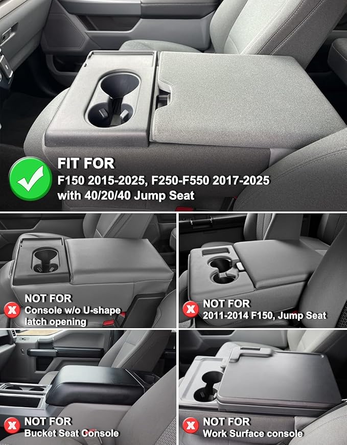 KBH Center Console Armrest Cover for 2015-2025 Ford F150, 2017-2025 F250 F350-F550, with 40/20/40 Jump Seat, Middle Console Protector, Vinyl Leather Interior Accessories, Anti-Scratch, Gray
