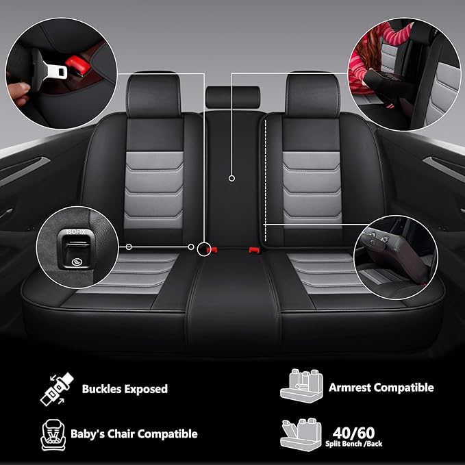 Full Coverage Faux Leather Car Seat Covers Full Set,Automotive Seat Covers for Cars,SUVs Pick-up Truck, Car Seat Cushion, Black and Grey Seat Covers for 5 Seats