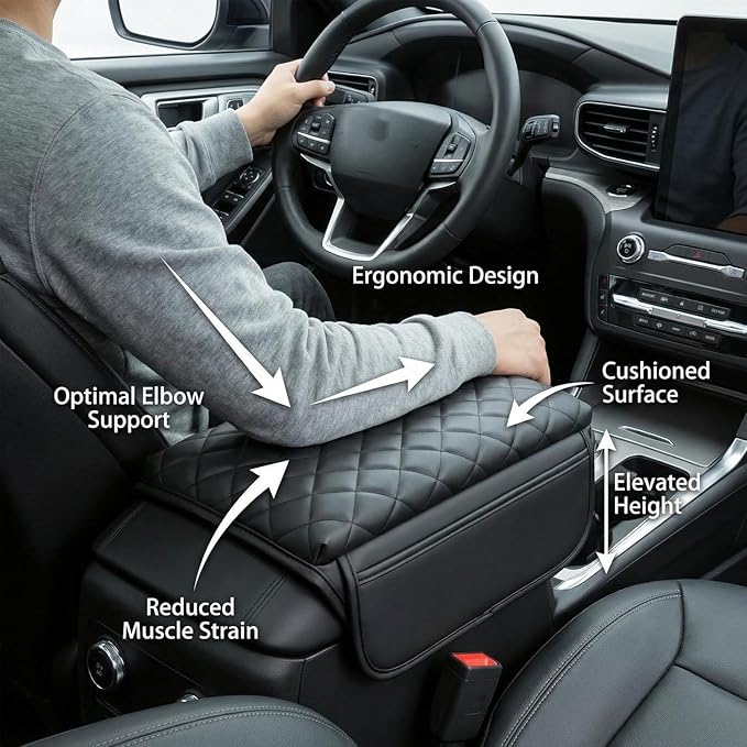 Console Cover for Ford Explorer 2020-2025 Armrest Cover Leather Arm Rest Pad Black Middle Console Cover with Pockets for Explorer Accessories