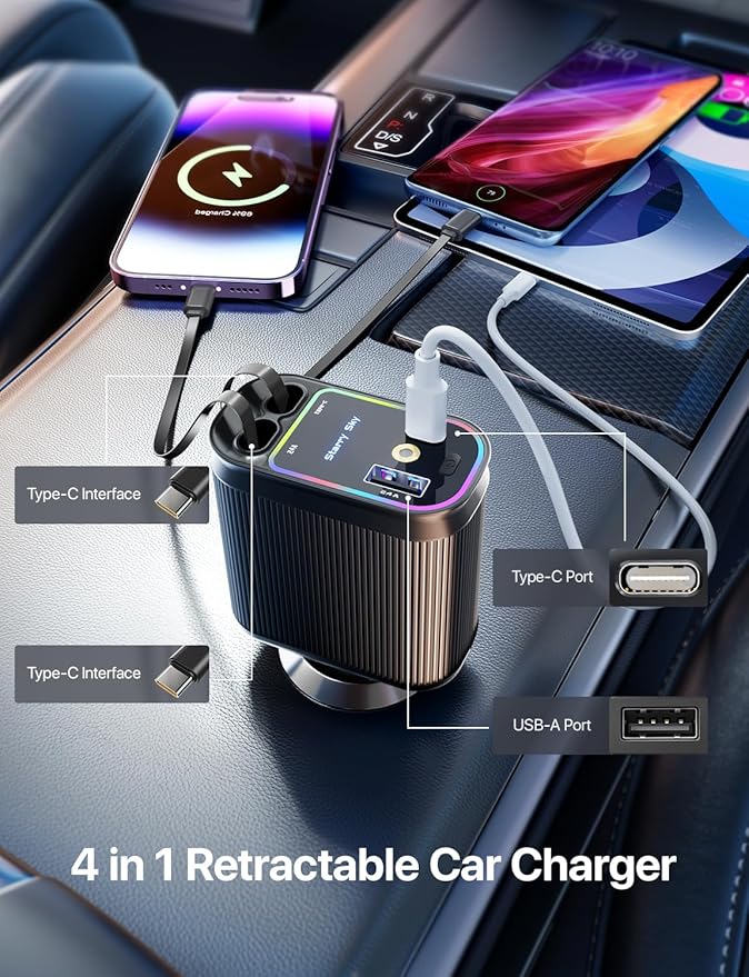 Starlight Retractable Car Charger with Dual Type C Cables, 66W Starlight in Car roof 4 in 1 Retractable Car Phone Charger Adapter, Fast Charging USB C Cable, Compatible with iPhone 17/16/15/14