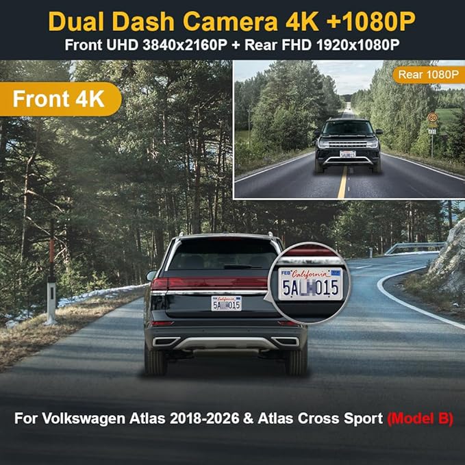 Fitcamx Front 4K+Rear 1080P Dash Cam Adapts for Volkswagen Atlas 2018-2026 (Model B/Broad Rear Cover) & Cross Sport 2020-2026, OEM Look, Dual HD Video, Loop Recording, WiFi & APP, Parking Mode, 128GB