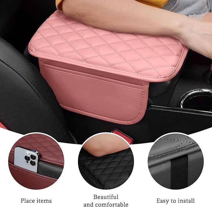 Car Center Console Cover, Universal Center Console Protector Pad with Soft Microfiber Leather & 2 Storage Pockets, Non-Slip Cushion for Car SUV Truck Interior Accessories (Pink)