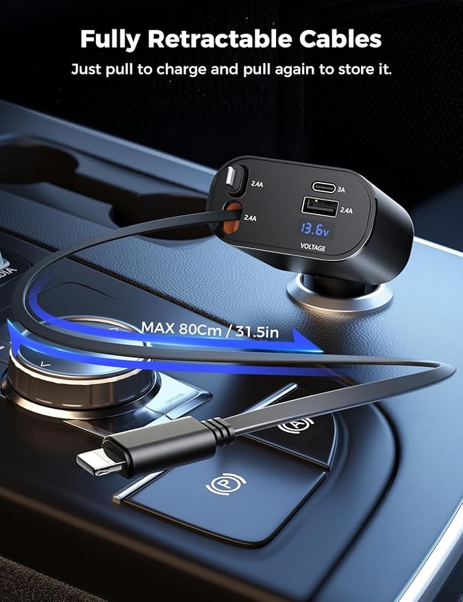 SUPERONE 4-in-1 Car Charger with Retractable Apple Cords, USB C Charger Car Adapter Compatible with iPhone 17/16/15/14/13/12/11 Pro Max Samsung Android Phones