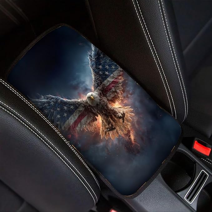 Fire Eagle Print Armrest Cover Pad for Car American Flag Print Car Center Console Armrest Cushion Pad Universal Fit for Most Cars