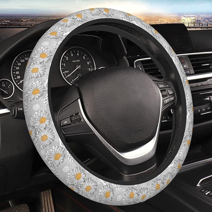 Floral Daisy Steering Wheel Cover Women Men Vintage Flower Elastic Stretch Soft Car Wheel Protector Universal Breathable No-Slip Car Accessories for Truck Van SUV Auto Fit 14-15 Inches