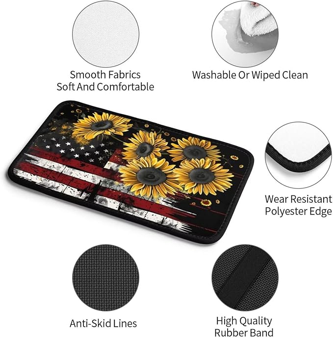 American Flag Sunflower Car Center Console Cushion Pad Rustic Flower Yellow Arm Rest Covers Universal Armrest Seat Box Cover Protector Comfortable Cars Decor Accessories