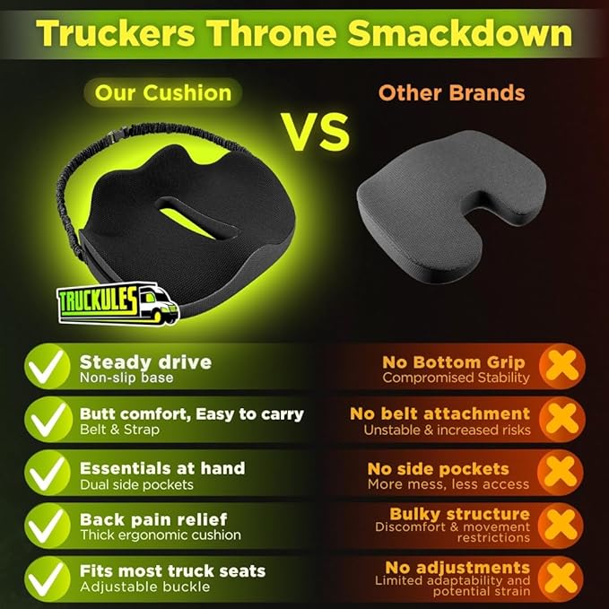 Large Truck Seat Cushion for Truck Driver Seat Cushion - Upgraded Back Support, CertiPUR-US® Certified - Thick Memory Foam, Pain Relief for Hours of Driving, Trucker Approved Big Rig - Black